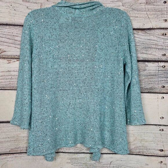 Alfred Dunner Petite PM Teal Sequin Open Cardigan - Picture 5 of 6